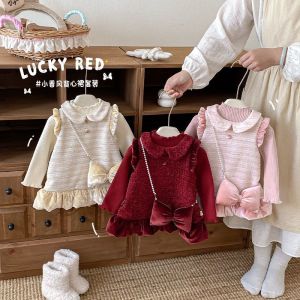 Princess Style Fleece Lined Dress with Bow for Baby Girls Winter Season High Waist Korean Style Soft Polyester Fabric Citywalk