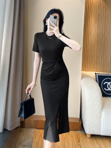 French Hepburn Style Black Dress Womens Summer New Slimming High Waist Knot Slit Mini Dress OL Style round Neck Short Sleeve