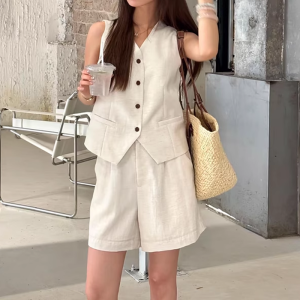 Shalldoer | Elegant Ladies Summer Sleeveless Vest And Shorts Set Pure Color Two-Piece Suit V-Neck Button Closure Fashionable And Comfortable