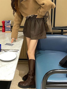 High Waist Black PU Leather Shorts Womens plus Size Loose Elastic Waist Wide Leg Boot Pants Commute Style Korean Version