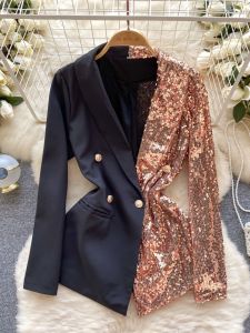 เรียบหรู บล็อกสีเลื่อม ผู้หญิง ชุดสูท เสื้อแจ็คเก็ต ทันสมัย แขนยาวสไตล์การเดินทาง หลวม เสื้อแจ๊กเก็ตพอดี ฤดูใบไม้ผลิ 2024