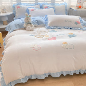 Washed Cotton Bedding Set Towel Embroidered Quilt Cover Sheet Princess Style Dormitory Three Piece Set Colorful Clouds Women
