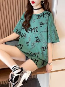 Loose Korean Style Womens T-shirt Letter Print Short Sleeve plus Size Slimming Mid-Length Top Summer New Arrival