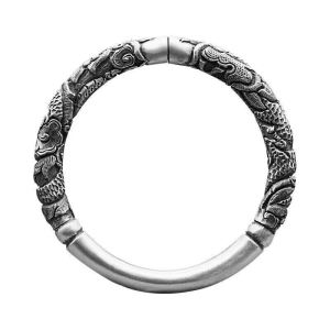 Double Dragon Hold Column Domineering Relief Dragon Pattern Open-Ended Bracelet Retro Style Distressed Alloy Electroplated Silver Bracelet for Men and Women