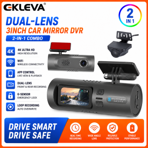 EKLEVA 1.47 inch Mini dash cam Car Recorder HD 4K WiFi Night Vision Car Rearview Mirror 150-degree Wide Angle Dual Lenses Rearview Camera