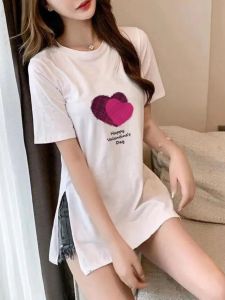 Fashionable Loose Womens T-Shirt Short Sleeve Belly Covering Summer Top Side Slit Mid-Length Casual round Neck Tee