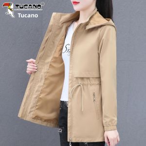 Casual Style Long Womens Windbreaker Coat Loose Fit Spring Autumn plus Size Slimming Ladies Jacket TUCANO Polyester Fiber