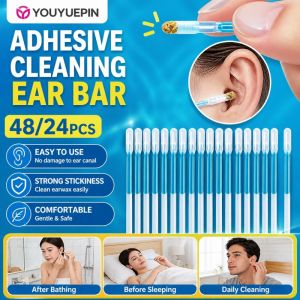 【Ship in 12H】Upgraded 48pcs Reusable Ear Wax Remover Tool with Strong Adhesion - Hypoallergenic 4/5mm Sticky Cotton Swabs for Safe Ear Cleaning