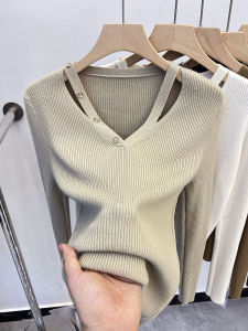 Áo Len Dệt Kim Cổ Chữ V Khoét Sâu Ôm Vừa Vặn Cho Nữ Mùa Thu Đông Hở Xương Quai Xanh Màu Trơn Dài Tay Thường Ngày