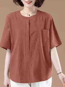 Loose Cotton Linen Short Sleeve T-Shirt Womens plus Size Casual Summer New Style Middle-aged Mom Belly Cover Shirt Top