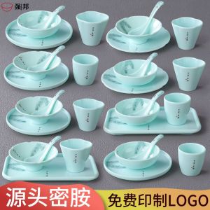 Artistic Art Dinnerware Set Hotel Restaurant Commercial Use Four Piece Set Bowl Plate Cup Spoon Miam Plastic Imitation Jade Porcelain