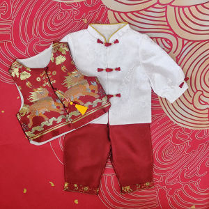 Chinese Style Long Sleeve Baby Boy One Year Old Birthday Clothes Traditional Childrens Cheongsam Festive Outfit for 9-36 Months