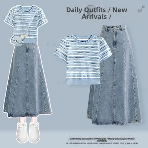 NUMEN BUTTON | Large Size Summer Casual Knitted T-Shirt and Slimming Denim Skirt Set