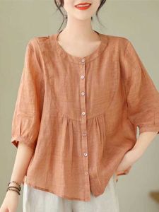 Loose Cotton Linen Shirt Women Summer New Style plus Size Slimming Tummy Covering Top Fashionable Youthful Trendy Small Shirt