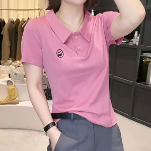 plus Size Womens T-Shirt Korean Style Loose Fit Short Sleeve Baby Doll Collar Meat Concealing POLO Shirt Casual Cotton Blend