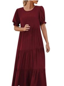 Loose Waist Pleated round Neck Solid Color Dress Street Style Midi Skirt Short Sleeve Womens Fashion Spring Autumn Winter