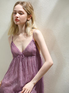 XEXZ | French Lace Chemise Nightgown Pure Desire V-neck Pink Charm Lightweight Breathable Midi Sleepwear Women Home Clothes