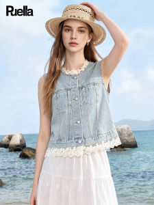 puella | Lace-spliced Sleeveless Denim Vest