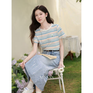 Chân Váy Denim A-Line Cao Waist Slimming Màu Xanh Retro