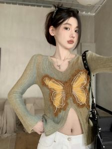 เสื้อสเวตเตอร์ถักคอวีแขนยาวสไตล์อเมริกันสำหรับผู้หญิง เสื้อผ้าทำงานสไตล์เกาหลี ดีไซน์ผีเสื้อ ดีไซน์เก๋ไก๋ แฟชั่นฤดูใบไม้ร่วง