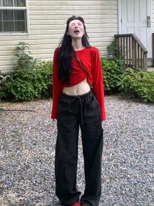 VKSOD | French Elegant Red Long Sleeve Thin T-Shirt Womens Summer High Waist Slim Straight Leg Pants Two Piece Set Round Neck Top