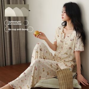 MiiOW | Cat Woman Ice Silk Sleepwear Set With Chest Pad Summer Cool Feeling Open Cardigan Long Pants Cute Home Clothes Can Be Worn Outside
