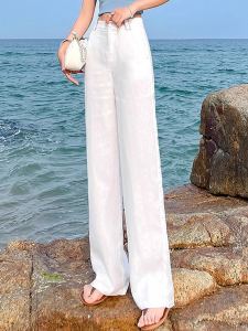 Quần Ống Rộng Vải Lanh Trắng Cạp Cao Mùa Hè 2025 Cho Nữ Quần Dài Thẳng Dáng Rộng Vải Lanh Tự Nhiên Mỏng Thon Gọn