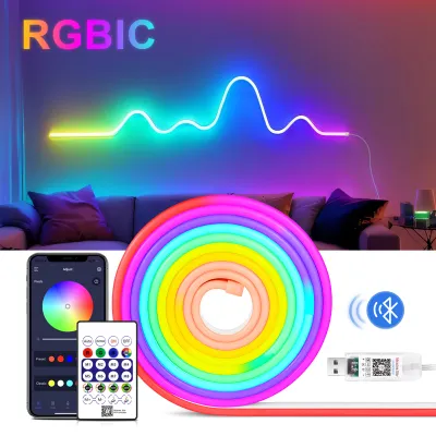 แฟนตาซีสี USB Powered RGBIC WS2812 นีออน LED Strip Light กันน้ําพร้อมรีโมทคอนโทรล Bluetooth หรี่แสงได้สําหรับ Home Party ธ.ค