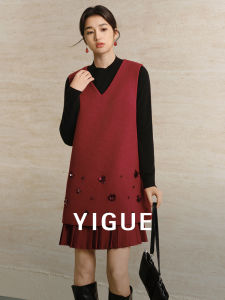Yigue | Red V-Neck Sleeveless Fashion Woolen Dress