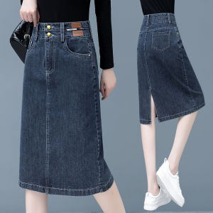 Retro Blue Denim High Waist Midi Split Skirt Womens Spring Autumn New Style Commute Style Pure Color Other Material 100%
