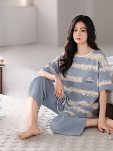 Miiow | Cat Woman Sleepwear Set With Chest Pad Summer Thin Short Sleeve Seven-Foot Pants Casual Home Clothes Large Size Cotton 100%