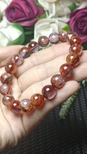 Premium Grade 100% Natural Hematoid  Quart - Multi-inclusions Crystal 10MM+/ 极品冰透体100%纯天然红胶花火焰红花片水晶手串 10MM+（天然鸩羽幽灵）