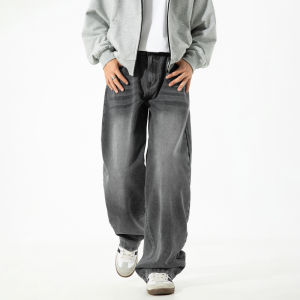 DZH | Mens Washed White Straight-Leg Curved Jeans Casual American Streetwear Autumn Pants