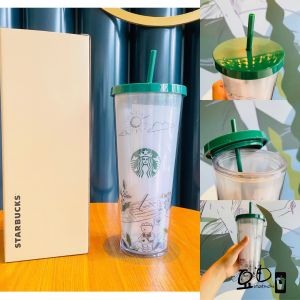 Starbuck Official Store Starbuck Cup 2022 Environmental Season Graffiti Coffee Planting Double Straw Cup Large Capacity Plastic Drinking Cup Starbuck Tumbler Starbuck Mug