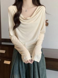 Trendy Long Sleeve T-Shirt Womens Autumn plus Size Slimming Asymmetrical Neckline Commute Style Korean Loose Fit Solid Color