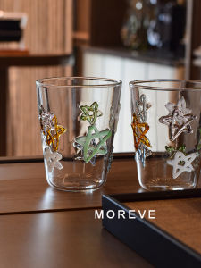 Moreve Handmade Colorful 3D Stars Coffee Milk Juice Water Cup Cute Gift for Girls Daily Use Heat Resistant Glass Cup with Spoon