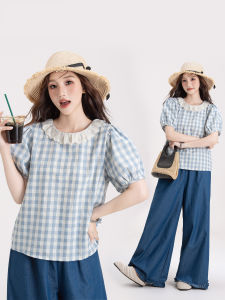 Lace Trim Plaid Short Sleeve Shirt Female 2026 New Summer