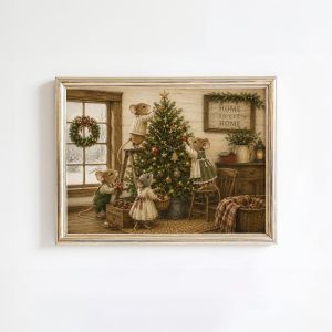 Cute Vintage Little Mice Decorating Christmas Tree Canvas Wall Art Whimsical Core Winter Scene Xmas Wall Unframed Canvas Poster