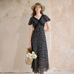 XIANGYING | Floral Yellow Slimming Waist Dress
