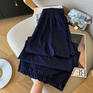 Lace Hem Wide Leg Pants Womens Summer Thin Loose Versatile Casual Pants Silk Elastic Waist Slimming Black Mushroom Edge