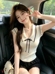 SHUQINGLAI | Color-blocked Polo Neck Knit Shirt Short Sleeve Summer Bow Flounce Sleeves