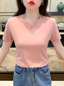 Slim Fit Ice Silk Short Sleeve T-Shirt Womens Style Korean Commute Creative Pattern Summer New Arrival round Neck Top