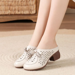 Genuine Leather Half Support Cut Out Breathable Retro Ethnic Style Womens Shoes Summer Soft Bottom Full Cowhide Sandals Easiest for Match High Heel Slippers