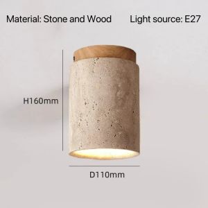 Yellow Travertine LED Ceiling Lamp Japanese Wooden E27 Downlight Round Wood Light for Living Room Corridor Porch Balcony