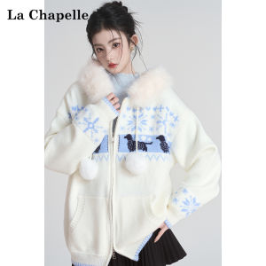 La Chapelle | Hooded Knit Cardigan with Fur Collar and Fair Isle Pattern