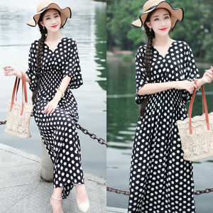 ชุดเดรสยาวลายพิมพ์ผ้าไหมคอวีแขนสั้นเอวสูงสไตล์โบฮีเมียน ชุดเดรสยาวลายดอกไม้ ชุดเดรสยาวลายจุด ชุดเดรสยาวผ้าไหมคอตตอนสำหรับวันหยุด