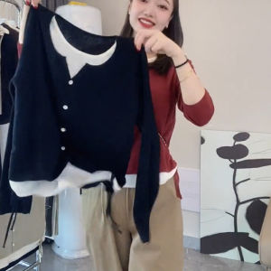 Fake Two-Piece Knitting Shirt Women Fall and Winter New Design Sense Drawstring Niche Style Small Shirt Loose Easiest for Match Plus Size Tops Women