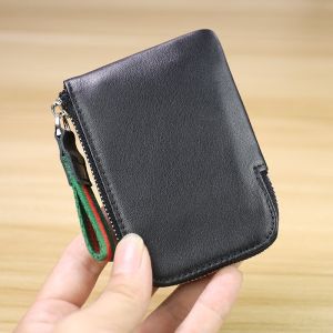Handmade Japanese and Korean Mini Mens and Womens Leather Card Holder Small and Short Mans Wallet Cowhide Coin Purse Coin Bag