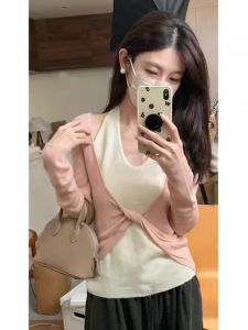 Áo len nữ Binkafenny thiết kế cổ chéo màu tương phản