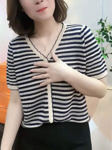 QINGNAER | Soft Cozy Oversized V-neck Short Sleeve Striped Womens Blouse